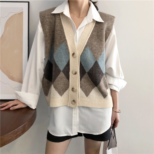 New early autumn Lingge sleeveless waistcoat sweater vest vest collar knitted vest cardigan