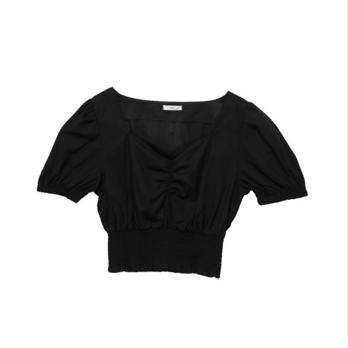 Pleated elastic waist short shirt women's Korean French small solid waist top bubble sleeve V-neck 2020