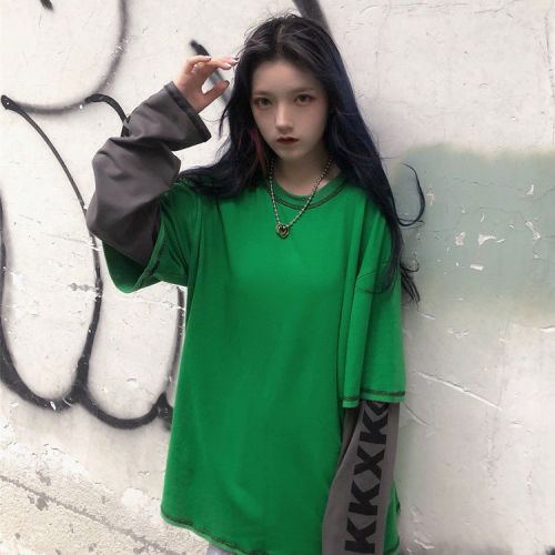Autumn Korean new personalized Street ins original home style BF loose fake two piece T-shirt girl student top
