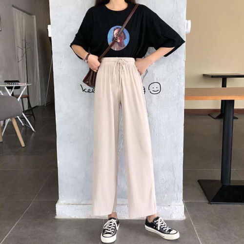 2020 spring and autumn Korean new high waisted slim versatile wide leg pants drop feeling black straight nine point casual pants for women