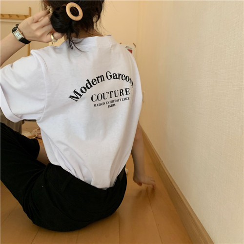 T-shirt girl student retro Hong Kong style short sleeve top summer Korean loose and versatile letter half sleeve