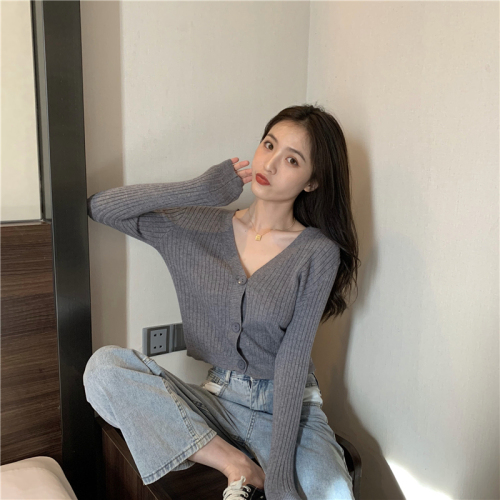 New V-neck T-Shirt Top Women's autumn and winter long sleeve cardigan sweater coat