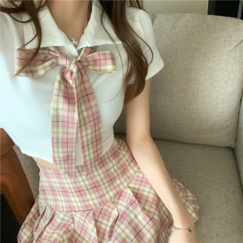 A two-piece suit of JK uniform college style high waist skirt + sexy short shirt with collar logo