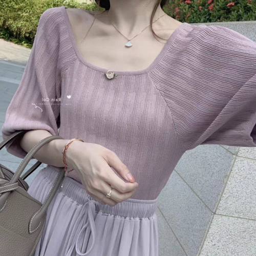 Short sleeve new t-shirt female leaky collarbone purple square neck short top female ice silk sweater fashion