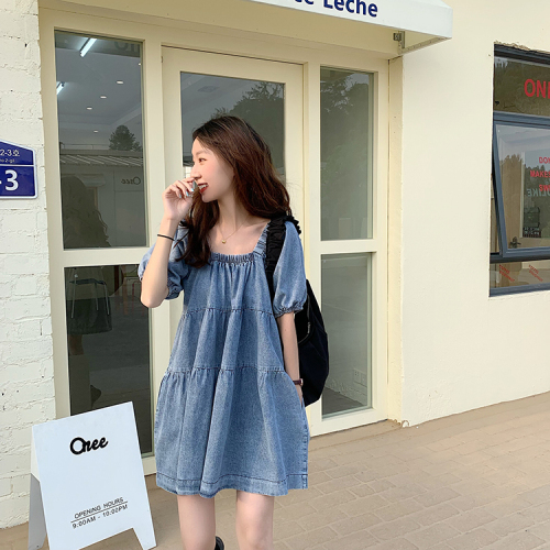 Real shot real price chic girl style retro square collar bubble sleeve denim dress
