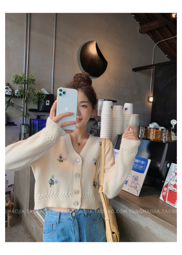 Early autumn Embroidered Flower sweater coat cardigan women's short short V-neck top Vintage sweater