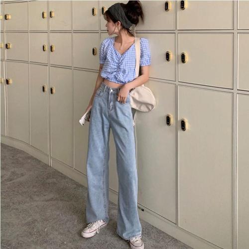Light color jeans women's loose high waist show thin show high wide leg dad 2021 new student straight chic pants