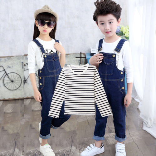 Boys' and girls' casual Jumpsuit children's spring and autumn trousers 3-13 years old jeans middle school and university students' jeans Suspenders