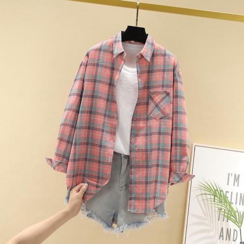 Long Sleeve Plaid Shirt female student Korean loose spring summer thin shirt versatile BF medium length cardigan coat