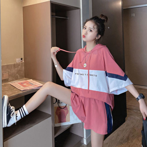 Casual sportswear hooded splicing short sleeve T-shirt suit women's summer Korean fashion shorts student two piece set fashion