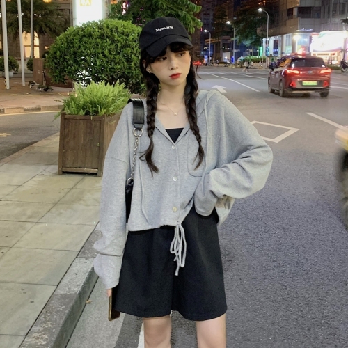 Real shot real price Korean version versatile casual lazy style short top drawstring lace up Hooded Sweater Cardigan