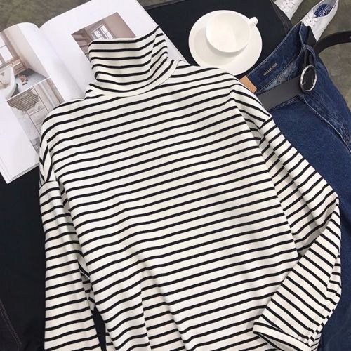 New striped high neck thin bottomed shirt for women lovers spring new Korean version with long sleeve T-shirt