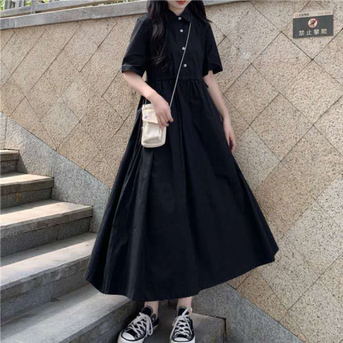Summer Japanese Polo neck drawstring waist short sleeve dress Korean version slim high waist black long skirt