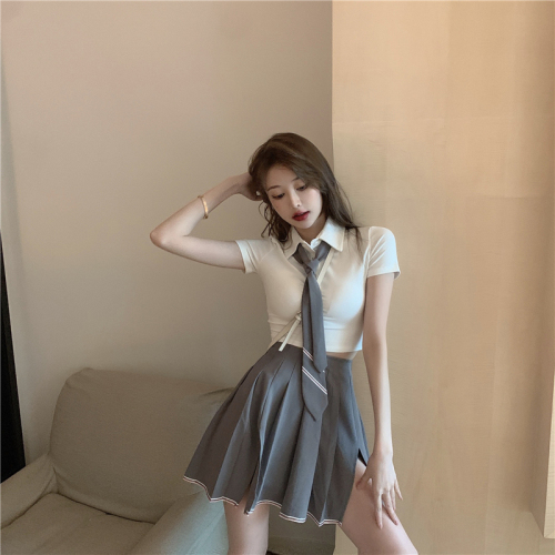 Real shooting and real price college style split pleated skirt + slim short sexy chest showing polo collar T-shirt + tie