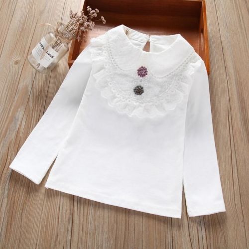 Girl's lace collar bottomed Shirt Plush thickened children's long sleeve T-shirt for children to keep warm in autumn and winter