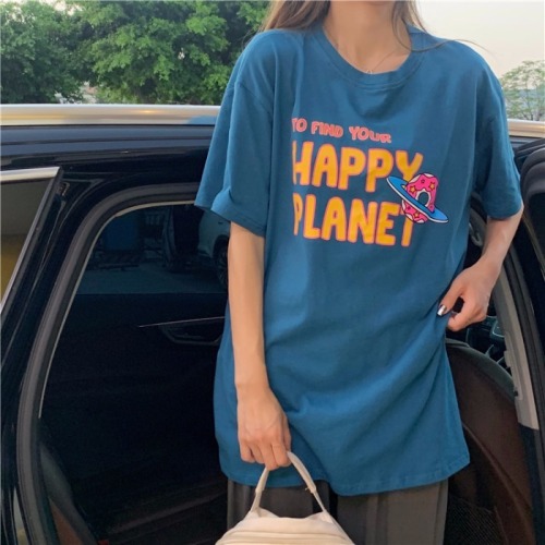 Milk silk short sleeve T-shirt women's Korean fashion student loose size medium long letter Korean style top summer