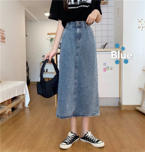 Real photo real price summer all kinds of elastic waist slit show thin medium long denim skirt