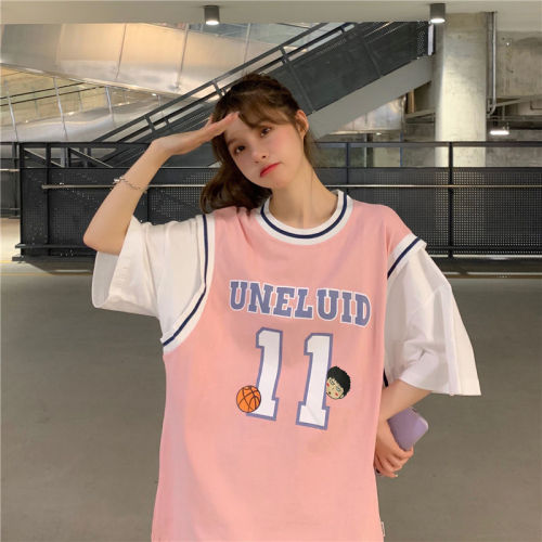 Fake two basketball T-shirt women 2020 New Jersey short sleeve Student Korean loose mid long half sleeve ins fashion
