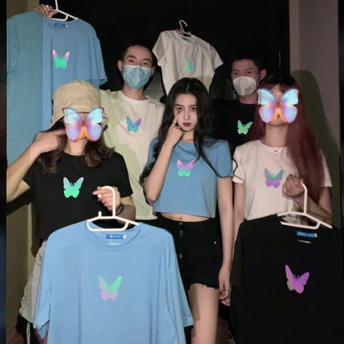Summer 2020 new Korean version of reflective butterfly print short sleeve T-shirt women's ins super fire base Shirt Short top fashion