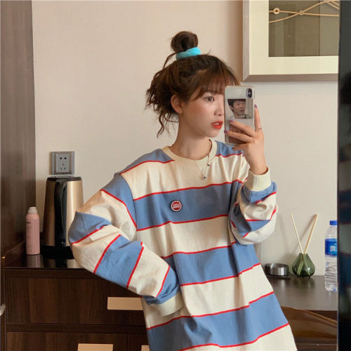 Xiao Zhan's same striped long sleeve T-shirt for female students Korean version loose 2020 spring and autumn new lovers' bottom coat