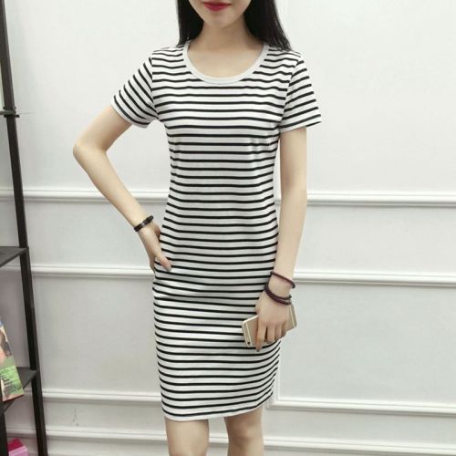 2020 summer new Korean Short Sleeve Ruffle Dress loose and thin A-line fishtail stripe skirt female student