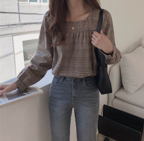 Korean square collar Plaid loose and versatile Long Sleeve Shirt