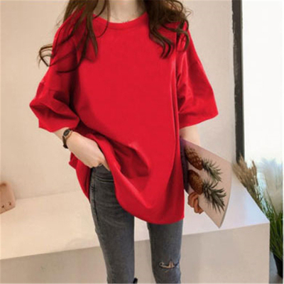Solid color medium long T-shirt summer short sleeve women's Korean leisure large size loose show thin college girl