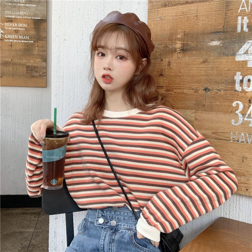 Ins autumn Korean 2020 new loose and elegant stripe long sleeve T-shirt women's College thin student top