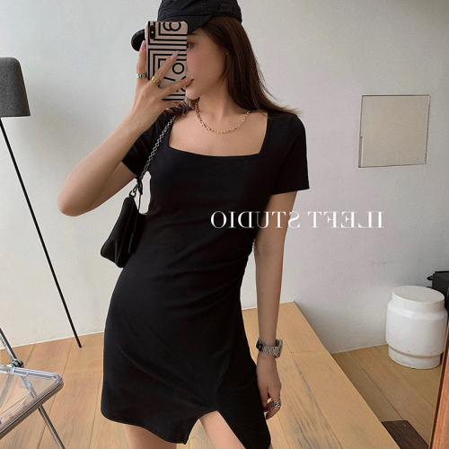 French show skinny and clever date small skirt temperament Hepburn black square collar dress goddess fan Xia