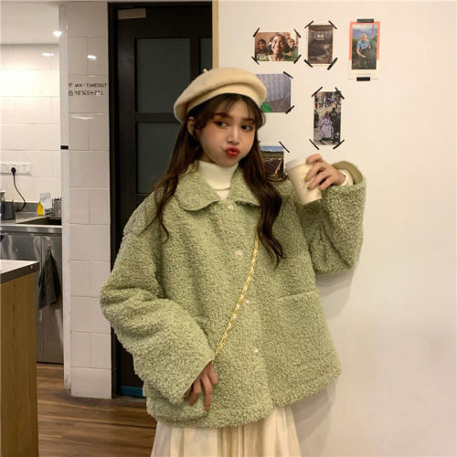 2019 new winter Korean loose polo collar imitation lamb Plush ins long sleeve sweater female student coat fashion