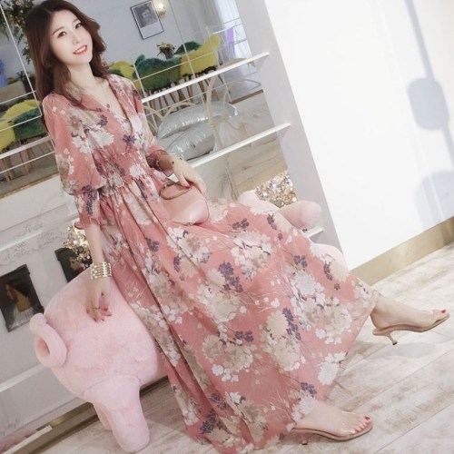 Dress women's spring and autumn winter 2020 new Korean loose high waist A-line Skirt Pink fresh wind floral skirt
