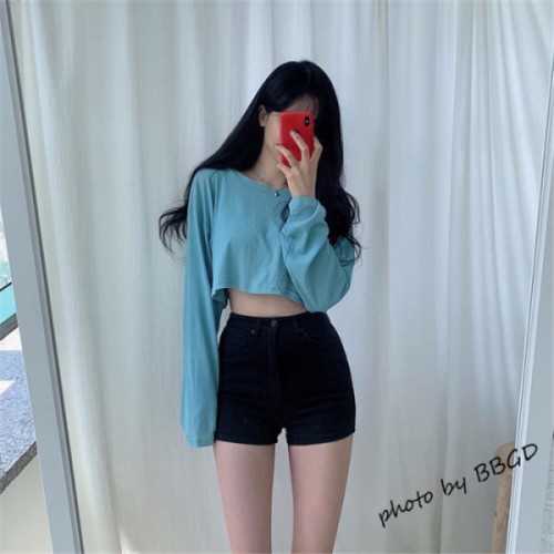 Korean basic multicolor chic Guima girl's eye-catching short high waist long sleeve sunscreen T-shirt