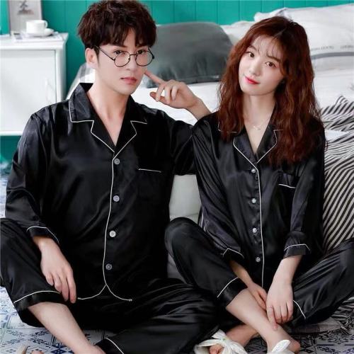 Korean couple pajamas women's summer thin silk pajamas men's long sleeve pants suit sexy autumn home wear