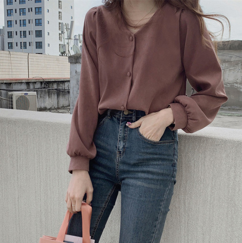 Korean simple V-neck solid color versatile Long Sleeve Shirt