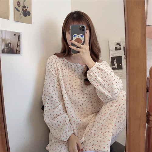 Real price cotton skin friendly ins loose and comfortable cherry pajamas home suit long sleeve pants