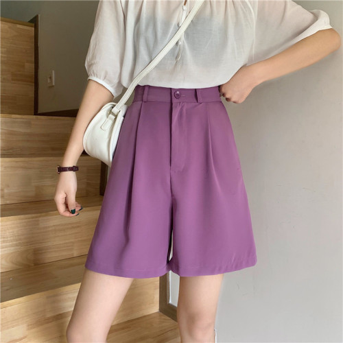 Real photo, real price, high waist, thin casual suit, short pants, women's loose purple straight tube, wide leg pants, 5-point pants