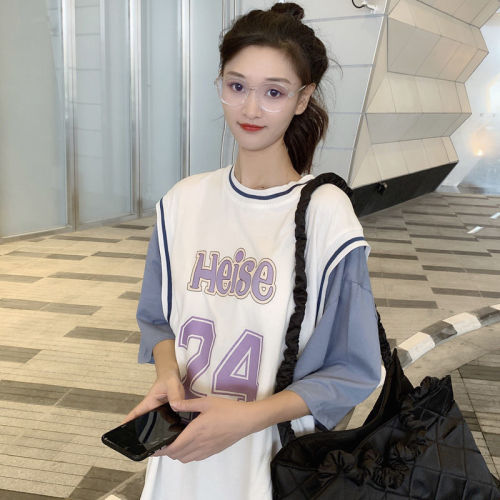 Student sportswear loose medium long fake two piece short sleeve t-shirt female summer Korean 2021 NEW