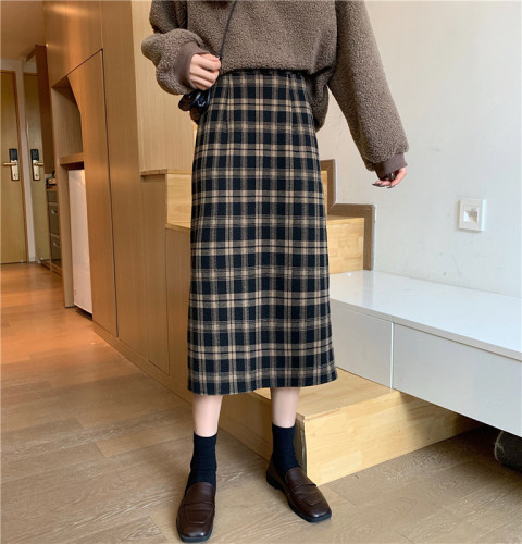 Real price woolen skirt women's autumn and winter mid length retro plaid skirt with split hips skirt