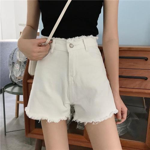 White denim shorts women's summer high waist loose straight tube show thin versatile lace wide leg pants thin pants fashion