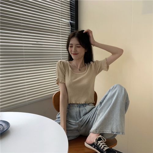 Real photo real price wood ear with thin square collar Short Knitwear Ruffle short sleeve blouse for women