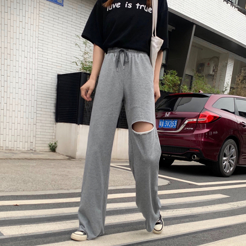 Summer new high waist holed leisure sports pants women's Korean loose versatile wide leg pants