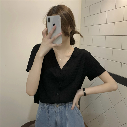 Real price! Summer design Ruffle V-neck slim short sleeve top women's Korean short shirt