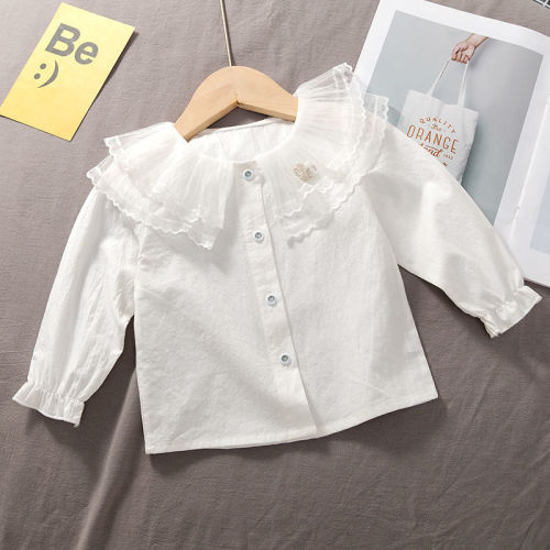 1-7 years old girl baby soft wrinkled cotton shirt female baby summer short sleeve 3 girl foreign style Princess Lapel shirt