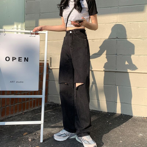 Black high waist pierced straight jeans women's spring and autumn 2021 new loose, thin and drooping wide leg floor pants