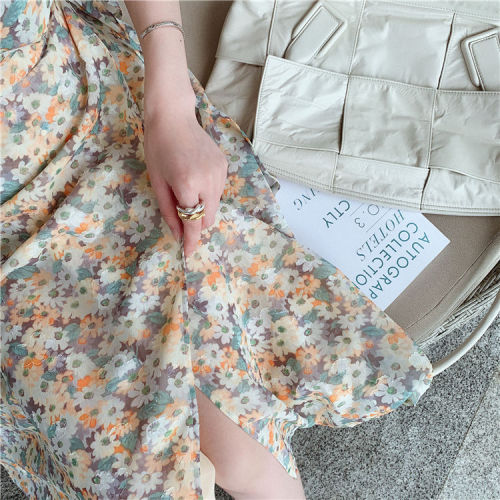 Summer new Korean collar Floral Chiffon dress girl student long oil painting skirt series skirt fashion