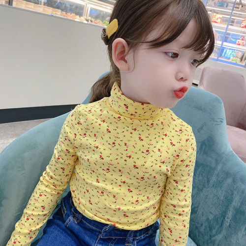 Denim girls' t-shirt t-shirt 2020 spring and autumn winter new floral middle neck children's long sleeve top fashion