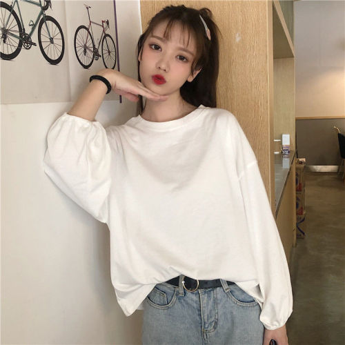 Autumn Korean loose ins college style white versatile Lantern Sleeve long sleeve T-shirt girl student top