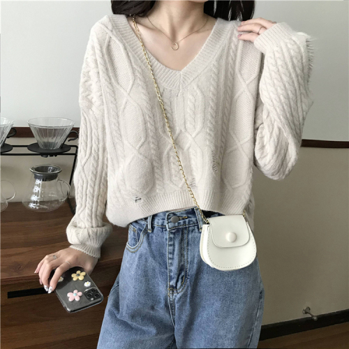 Shooting real price autumn winter Korean V-neck perforated loose top long sleeve knitted sweater coat for women