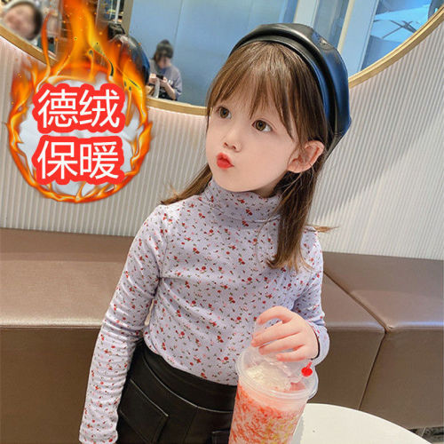 Denim girls' t-shirt t-shirt 2020 spring and autumn winter new floral middle neck children's long sleeve top fashion