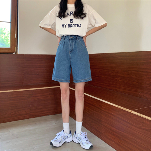 Real price high waist retro denim shorts women's loose summer Korean straight pants